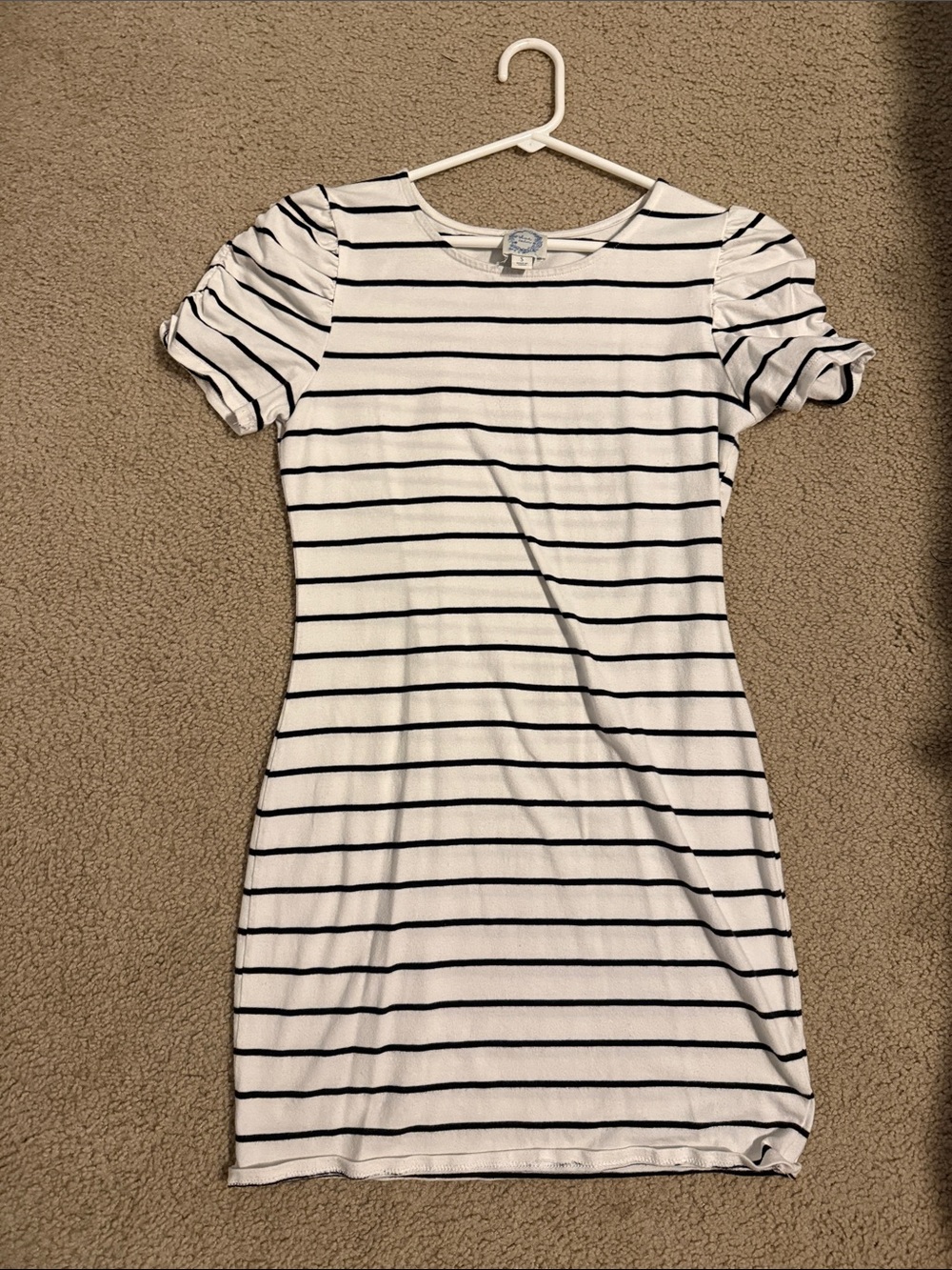 Blue Rain White Dress with Black Stripes and Puff Sleeves